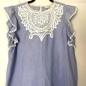 light, sleeveless blue blouse
